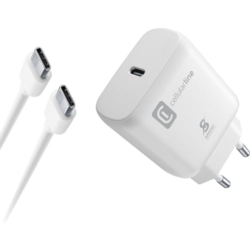 Cellularline - Super Fast Charger Kit 25 W - Netzladegerät für kompatible Samsung-Geräte mit 25 W Super Fast Charge Power Delivery - 1m langes USB-C-zu-USB-C-Kabel im Lieferumfang enthalten - Weiß von cellularline