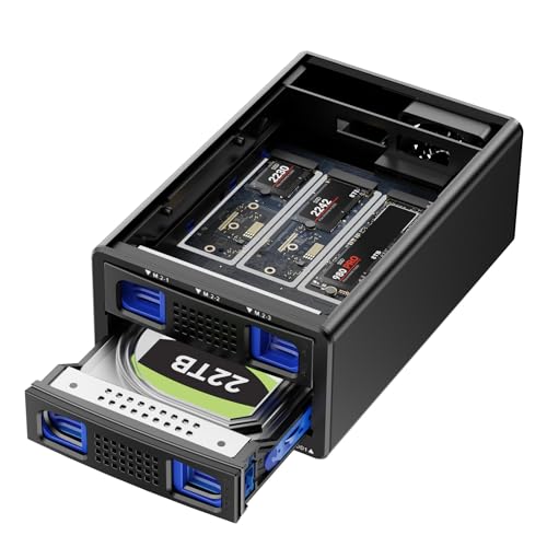 Hybrid 3.5 HDD+3*M.2 NVMe Gehäuse mit Lüfter für 2.5/3.5" SATA HDD/SSD, USB3.2 Gen2 10Gbps Festplattengehäuse unterstützt 2230/42/60/80/110 SSD mit 46TB Kapazität (22TB HDD+3*8TB M.2 SSD) von cenmate