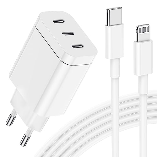 3 Port USB C Schnellladegerät,【Apple MFi Zertifiziert】 24W Ladegerät, Netzteil Stecker Power Adapter mit Lightning Ladekabel 2M Kompatibel mit iPhone 14 Pro Max/13/12/11/AirPods von chcela