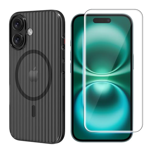 chejuza Magnetische Matte Schutzhülle für iPhone 16 [kompatibel mit MagSafe] mit 1 Displayschutzfolie aus gehärtetem Glas, transparent, matt, rutschfest – Schwarz von chejuza