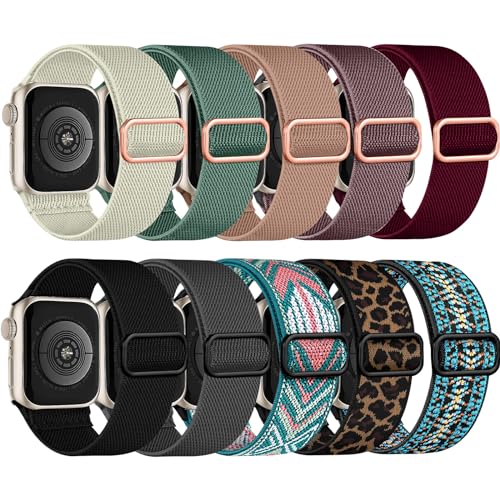 chinbersky 10 Stück Elastisches Nylon Loop Armband Kompatibel mit Apple Watch Armband 49mm 45mm 44mm 42mm 46mm,Stoff Verstellbares Dehnbare Ersatzband für iWatch Ultra Series 10/9/8/7/6/5/4/3/2/1/SE von chinbersky