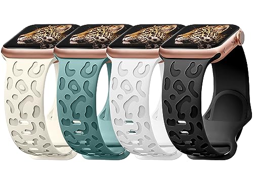 chinbersky 4 Stück Gravierte Armband Kompatibel mit Apple Watch Armband 40mm 38mm 41mm für Damen Herren, Muster Silikon Weiches Sport Solo Loop Ersatzarmband für iWatch Series SE/8//7/6/5/4/3/2/1 von chinbersky