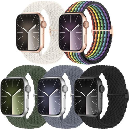 Chinbersky 5 Stück Geflochtene Armband Kompatibel mit Apple Watch Armband 38mm 40mm 41mm 42mm 44mm 45mm 46mm 49mm,Verstellbares Nylon Stoff Band für iWatch Ultra/Ultra 2 Series 10/9/8/7/6/5/4/3/2/1/SE von chinbersky
