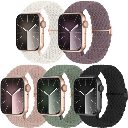 Chinbersky 5 Stück Geflochtene Armband Kompatibel mit Apple Watch Armband 38mm 40mm 41mm 42mm 44mm 45mm 46mm 49mm,Verstellbares Nylon Stoff Band für iWatch Ultra/Ultra 2 Series 10/9/8/7/6/5/4/3/2/1/SE von chinbersky