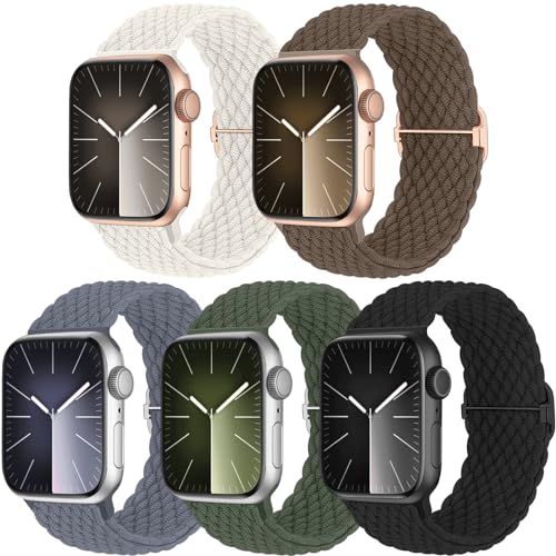 Chinbersky 5 Stück Geflochtene Armband Kompatibel mit Apple Watch Armband 38mm 40mm 41mm 42mm 44mm 45mm 46mm 49mm,Verstellbares Nylon Stoff Band für iWatch Ultra/Ultra 2 Series 10/9/8/7/6/5/4/3/2/1/SE von chinbersky