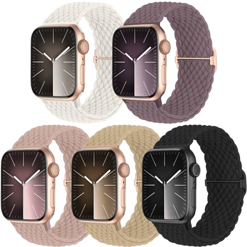 Chinbersky 5 Stück Geflochtene Armband Kompatibel mit Apple Watch Armband 38mm 40mm 41mm 42mm 44mm 45mm 46mm 49mm,Verstellbares Nylon Stoff Band für iWatch Ultra/Ultra 2 Series 10/9/8/7/6/5/4/3/2/1/SE von chinbersky