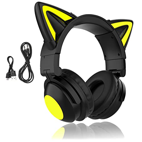 Bluetooth-Kopfhörer, Katzen Ohren LED Wireless Gaming Headset Kinderkopfhörer Bluetooth Stereo-Headset Faltbare Cat Ears Over-Ear Headsets mit Verstellbarem Mikrofon für Smartphones/Laptop/Tablet von ciciglow
