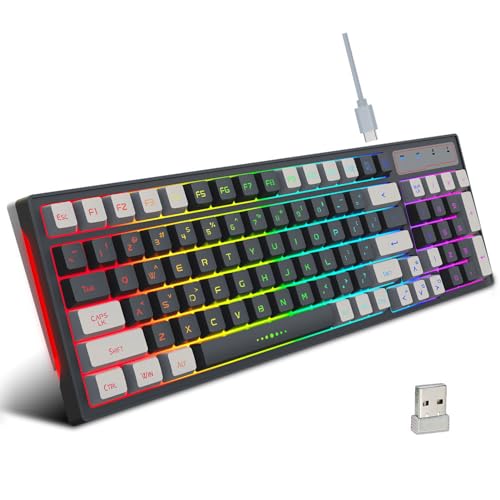 Mechanische Gaming-Tastatur, 2,4 GHz Kabellose Tastatur, 96 Tasten, RGB-Hintergrundbeleuchtung, Zweifarbige Kabellose Bürotastatur mit Empfänger, 2000 MAh Wiederaufladbare von ciciglow