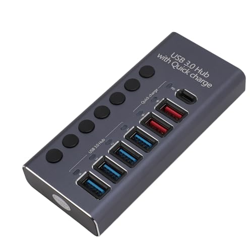 USB 3.0-Hub, 7 Anschlüsse, USB-Hub mit Stromversorgung, Dockingstation, USB-Splitter-Adapter, 3 Schnellladeanschlüsse mit Netzteil und Einzelnen Schaltern (EU-Stecker) von ciciglow
