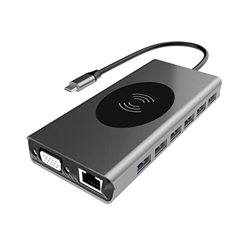 ciciglow 15 in 1 USB C Hub, Multiport USB C Hub mit 4K HDMI, USB C PD, 3,5 mm Audio, VGA, RJ45, 4 x USB 2.0, 3 x USB 3.0, Speicherkarte, kabellose Ladeanschlüsse in einem von ciciglow