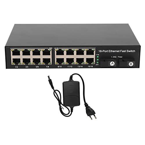 ciciglow Ethernet-Glasfaser-Medienschalter, 10/100/1000 Mbit/s, 16 Elektrische Ports, Glasfaser-Transceiver, 2 Optische Ports, Einzelfaser-Single-Mode-Modul, Bis zu 25 Km (EU-Stecker) von ciciglow