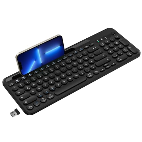 cimetech Tastatur Kabellos Bluetooth, USB A 2,4GHz Funk Tastaturen mit Telefonhalter,Numpad,Multimedia Tasten,Schlafmodus,3 Kanälen Multi-Device, für Mac, ipad,PC,Smartphone,QWERTZ Deutsche Layout cimetech Tastatur Kabellos Bluetooth, USB A 2,4GHz Funk Tastaturen mit Telefonhalter,Numpad,Multimedia Tasten,Schlafmodus,3 Kanälen Multi-Device, für Mac, ipad,PC,Smartphone,QWERTZ Deutsche Layout von cimetech