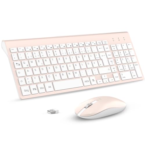 cimetech Tastatur Maus Set Kabellos, 2.4G Ultraslim Kabellose Tastatur mit Funkmaus, QWERTZ Deutsches Layout, 10m Reichweite, für PC, Desktop, Notebook, Laptop, Windows, (Rosenquarz) von cimetech