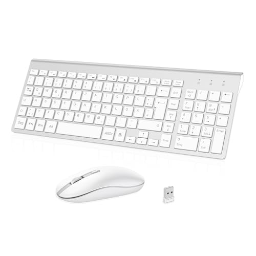 cimetech Tastatur Maus Set Kabellos, 2.4G Ultraslim Kabellose Tastatur mit Funkmaus, QWERTZ Deutsches Layout, 10m Reichweite, für PC, Desktop, Notebook, Laptop, Windows (Silber) von cimetech