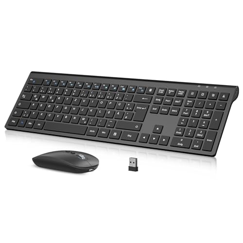 cimetech Tastatur Maus Set Kabellos, 2.4G Wiederaufladbare Kabellose Tastatur Ergonomisch Funktastatur QWERTZ Layout (Deutsch), Ultra Thin für Computer/Desktop/PC/Laptop/Windows 10/8/7 von cimetech