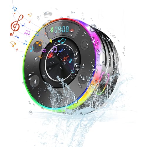 cimsfcor Bluetooth-Lautsprecher, kabellos, tragbarer Bluetooth-Duschlautsprecher mit RGB-Lichtern, 360°-Surround-Stereo-Sound, IPX7 wasserdicht, Saugnapf für Party, Dusche, Outdoor, Sport (Schwarz) von cimsfcor