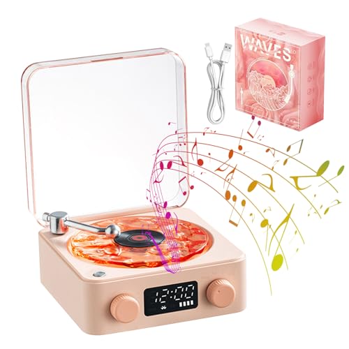 Der Waves Vinylspieler, tragbarer Waves Vinyl Lautsprecher mit RGB-Umgebungsbeleuchtung, 5W 1500mAh Vinyl Schallplattenspieler Retro mit weißem Rauschen, Bluetooth, TF, AUX-Modus (Hellrosa) von cimsfcor