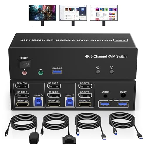 2 Displayport + HDMI KVM Switch 2 PC 3 Monitore 4K@60Hz, Triple Monitore KVM Switches mit 3 USB 3.0 Ports und Audio Mikrofon für 2 Computer teilen sich 3 Monitor, Unterstützt Desktop Controller von clickfish