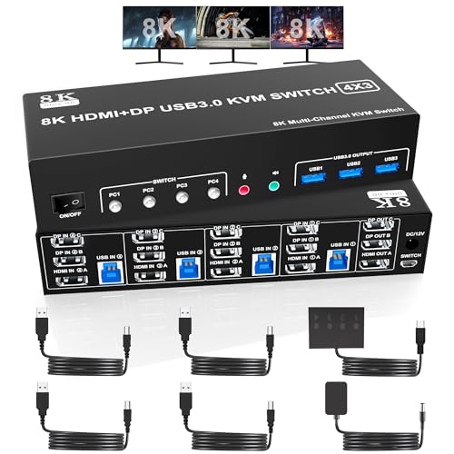 8K@60Hz 2 Displayport +HDMI USB3.0 KVM Switch 3 Monitore 4 Computer, 2 DP 1.4 +HDMI 2.1 Triple Monitor KVM Switch mit Audio Mikrofon +3 USB3.0 Ports, Triple Monitor Keyboard Mouse Switcher von clickfish