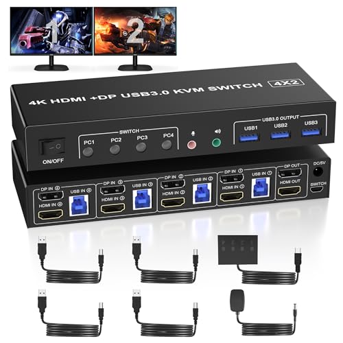 Displayport HDMI KVM Switch 4 PC 2 Monitor, 4K 60Hz Dual Monitor KVM Switches für 4 Computers Teilen Sich 2 Monitore mit Audio Mikrofon Ausgang und 3 USB 3.0 Ports Teilen Maus Tastatur von clickfish