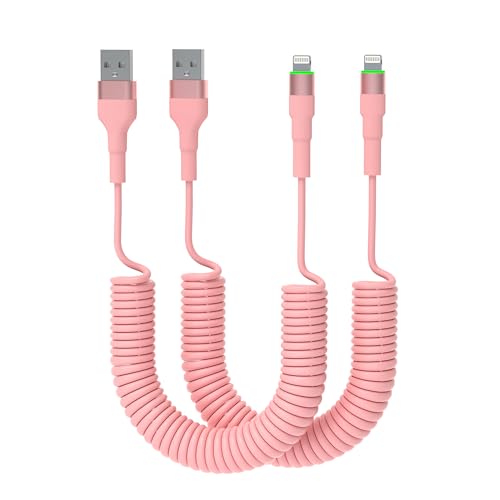 Lightning Spiralkabel USB A auf Lightning Kabel [MFi Zertifiziert], 2 Pack iPhone Ladekabel mit Datensynchronisierung für Apple Carplay, Kurz iPhone Kabel Kompatibel mit iPhone/iPad/AirPods, Rosa von clickfish