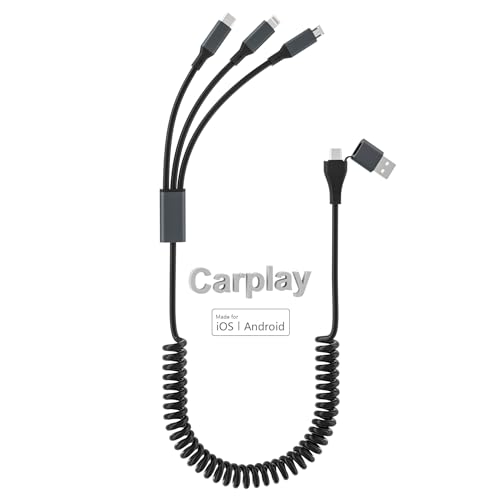 Multi-Ladekabel für Apple Carplay [MFi-zertifiziert], Spiral-USB-auf-Lightning-Kabel mit Datensync, Multi-Ladekabel, Kabel USB A/C auf Lightning/USB C/Micro-USB-Anschluss für iPhone/Android von clickfish
