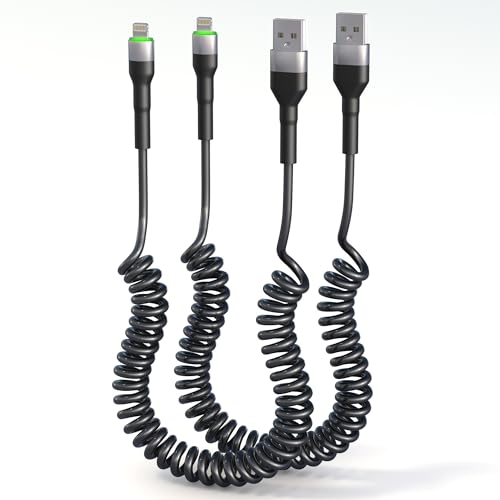 Spiralförmiges Lightning-Kabel 2 Stück [Apple Carplay und MFi-zertifiziert], USB-auf-Lightning-Kabel mit Datenübertragung und LED für das Auto, einziehbares iPhone-Ladekabel für iPhone/Pad/Pod von clickfish