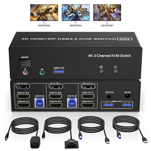 Triple Monitore KVM Switch Displayport + 2 HDMI, 4K@60Hz KVM Switch HDMI 2.0+DP 1.2 für 2 PC 3 Monitors, KVM Switches mit 3 USB 3.0 Ports und Audio Mikrofon für 2 PC Teilen Maus, Tastatur von clickfish