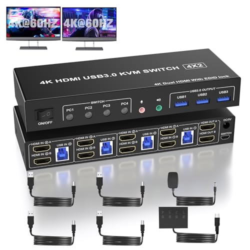 USB 3.0 HDMI KVM Switch 4 PC 2 Monitore, 4K@60Hz KVM Switches für 4 Computer Teilen Sich Dual Monitore und Audio Mikrofon Ausgang, KVM Switcher mit 3 USB Anschlüsse für Tastatur Maus, Unterstützt EDID von clickfish