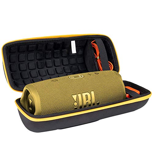 co2CREA Hart Reise Schutz Hülle Etui Tasche für JBL Charge 4 / JBL Charge 5 Tragbarer Wifi und Bluetooth Lautsprecher, Tasche (schwarze Hülle + gelber Reißverschluss) von co2CREA