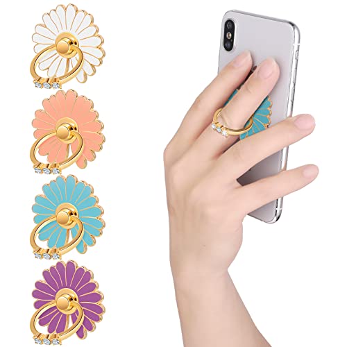 cobee Gänseblümchen Handy Ring Ständer, 4 Stück Bling Fingerring Ständer, 360 Grad Drehung Fingerring Griffständer Metall Fingerring, Telefon Ständer Handy Ring Halter mit Knopfschlaufe (Stil A) von cobee