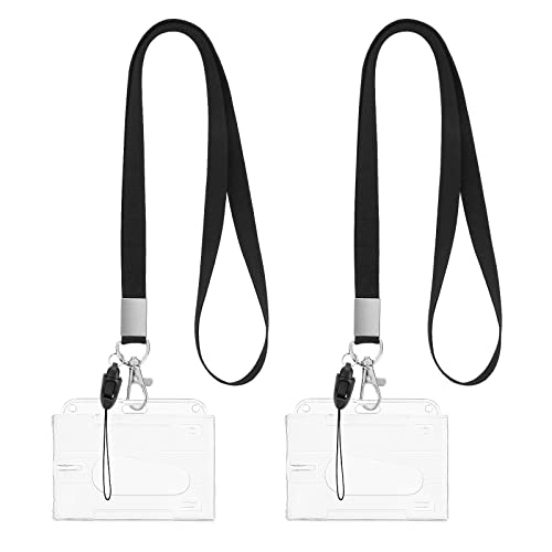 cobee Hartplastik Ausweishalter mit Lanyards, 2er Set strapazierfähiger Kreditkartenschutz mit Daumenschlitz, abnehmbarer Umhängeriemen, transparenter Namensschildhalter, transparentes Kartenetui von Cobee