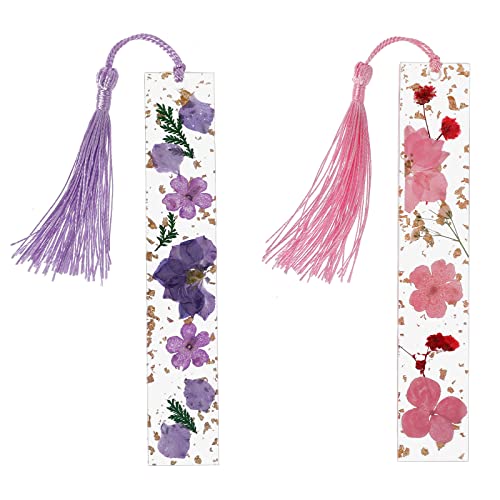 cobee Harz Getrocknete Blumen Lesezeichen, 2 Stück Transparente Gepresste Blumen Lesezeichen Handgemachte Blumenseitenmarkierung mit Quaste Nettes Lesezeichen für Frauen Kinder (Lila + Rot) von Cobee