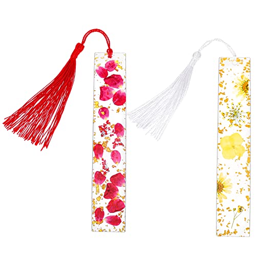 cobee Harz Getrocknete Blumen Lesezeichen, 2 Stück Transparente Gepresste Blumen Lesezeichen Handgemachte Blumenseitenmarkierung mit Quaste Nettes Lesezeichen für Frauen Kinder (Rot + Weiß) von Cobee