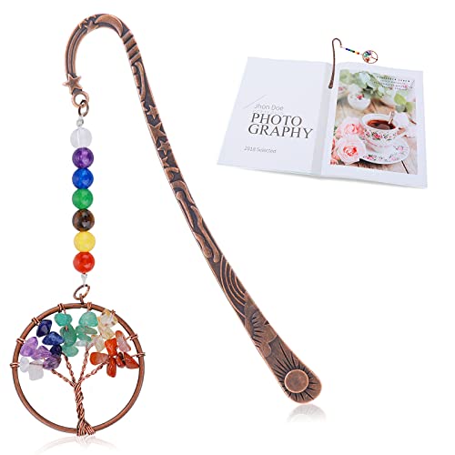 cobee Lesezeichen aus Metall, Baum des Lebens, Lesezeichen 7 Chakra Kristalle Heilstein Vintage Lesezeichen Antik Kupfer Metall Lesezeichen Perlen getrommelte Edelsteine Buchmarker (Regenbogen) von Cobee