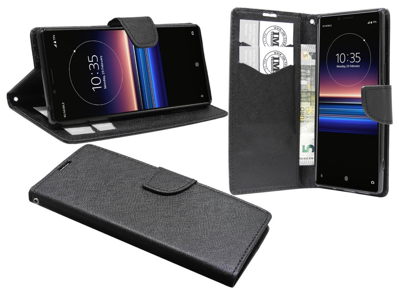 cofi1453 Handyhülle Hülle Tasche für Sony Xperia 1, Kunstleder Schutzhülle Handy Wallet Case Cover mit Kartenfächern, Standfunktion Schwarz von cofi1453