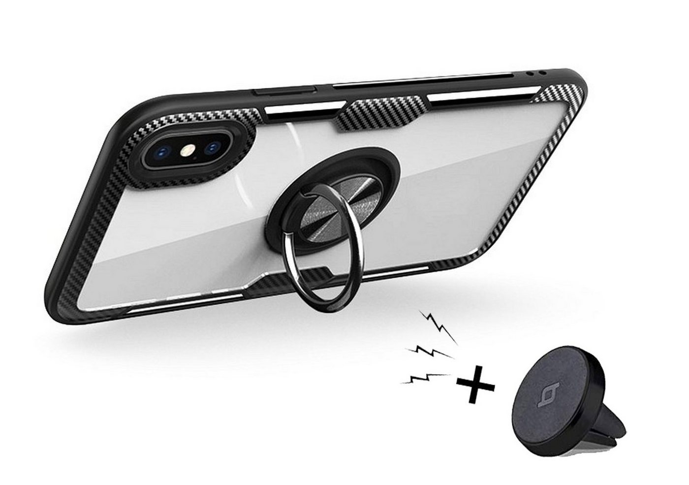 cofi1453 Smartphone-Hülle 360 Grad Schutz Hülle Ring magnetisch Ständer + KFZ Handy Halterung Magnet Carbon Clear kompatibel mit iPhone 11 Pro Max von cofi1453