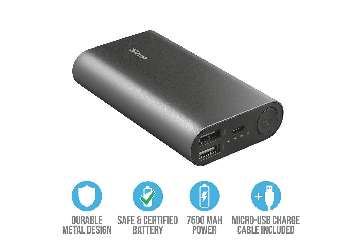 cofi1453 Trust 23142 Luco Urban Luco 7.500 mAh-Powerbank aus Metall Schwarz Powerbank von cofi1453