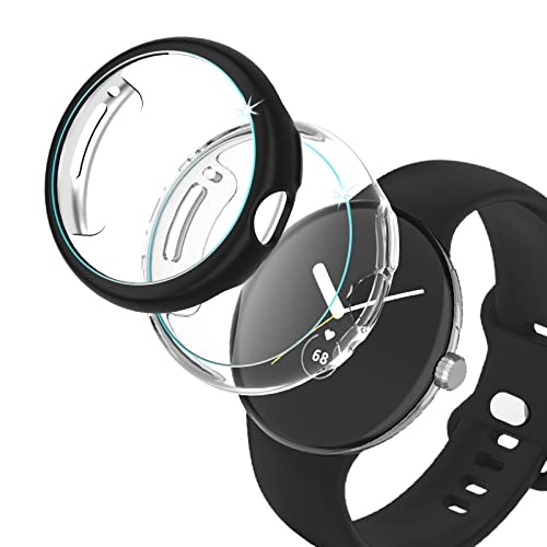 2 Stück Hülle für Google Pixel Watch, Schutzhülle mit Tempered Glass Displayschutz, 360° Rundum Ultradünne PC Hard Hülle Kompatibel mit Pixel Watch Schwarz+Clear von colaxuyi
