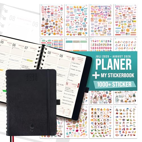 colortouch Taschenkalender 2025 2026 mit 1000 St Sticker Set für Planer, Aufkleber Journal für A5 Monatsplaner, 30 Minuten-Intervalle Wochenplaner mit Softcover, 14 Monate Kalender (Juli 25-Aug 26) von colortouch