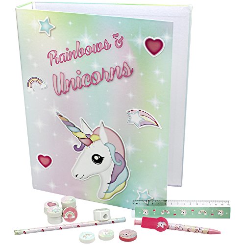 com-four® 18-teiliges Einhorn Schul-Set, Unicorn Schulanfänger Set mit Ringordner, Radiergummis mit verschiedenen Motiven und andere Schreibutensilien von com-four