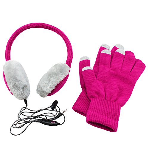 com-four® 2-teiliges Set - Kopfhörer-Ohrwärmer und 1 Paar Touch-Handschuhe für die Touchscreen-Bedienung im Winter in pink/grau, mit Mikrofon Anschluss 3,5 mm Klinke (02-teilig) von com-four