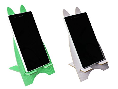com-four® 2X Smartphone Tischständer Häschen - Halterung aus Holz zum Hinstellen für Handys oder kleine E-Book-Reader - Telefonständer - Handyhalter (2er Set: Weiß/Grün) von com-four
