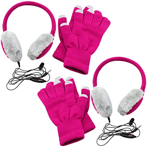 com-four® 4-teiliges Set Kopfhörer mit Touchscreen-Handschuhen, in den tollen Farben pink/grau, integriertes Mikrofon und 3,5 mm Klinke Audio Anschluss (04-teilig) von com-four