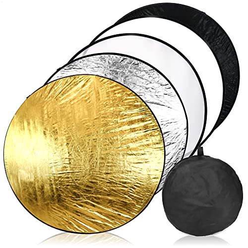 com-four® 5in1 Tragbarer Falt-Reflektor Ø 110 cm, runder Licht-Reflektor in weiß, schwarz, transparent, goldfarben, silberfarben für perfekte Foto-Ausleuchtung (3-teilig) von com-four