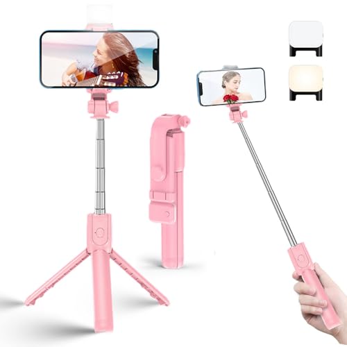 6 In 1 Wireless Bluetooth Selfie Stick, Bluetooth Selfie Stick Stativ mit Fernauslöser LED, Stativ für Smartphone 360° Drehbar Tragbar Handy Halterung Stativ für iPhone Samsung (Rosa, 1m) von comepew