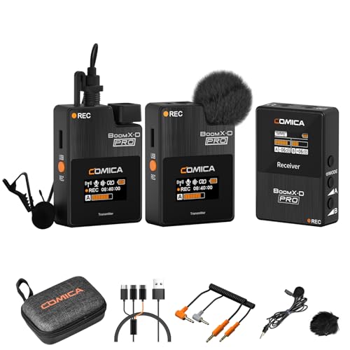 COMICA BoomX-D PRO 2.4G Wireless Lavalier Mikrofon, 16GB On-Board Recording, Rauschunterdrückung mit Einem klick, Funkmikrofon Ansteckmikrofon für Kamera, Smartphone, PC, Live Stream(Schwarz) von comica