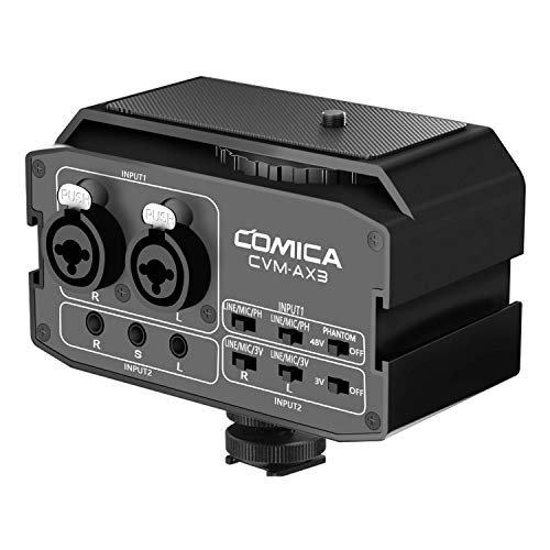 XLR Audio-Mixer, Comica CVM-AX3 Audiomixer Adapter Vorverstärker Dual XLR/3.5mm/6.35mm Port Kamera Mixer für Canon Nikon Sony Panasonic DSLR Kamera Camcorder (Support für Echtzeit-Überwachung) von comica