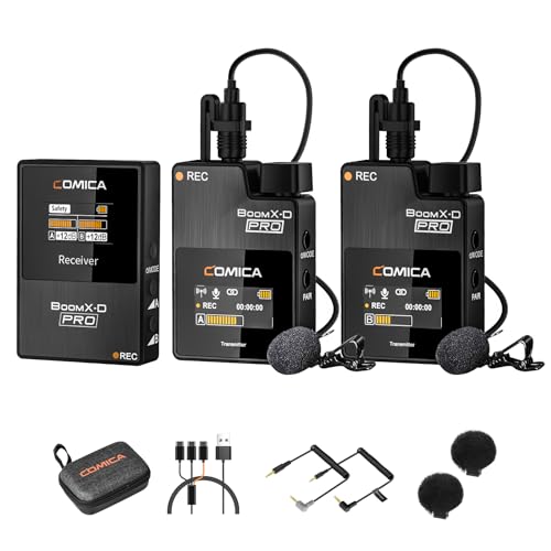 comica BOOMX-D2 PRO Lavalier Mikrofon Wireless, 48kHz/16 bit Audioqualität, Lärmminderung, 16GB Speicher, 100m Reichweite, Ansteckmikrofon Kabellos für DSLR-Kamera, Handy, iPhone, PC, Live Stream von comica