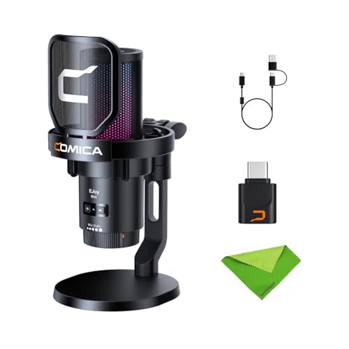 COMICA EJoy Uni Pro (D) Schwarzes kabelloses Mikrofon für Computer und Smartphones, RGB-Kondensator-Gaming-Mikrofon mit Nierencharakteristik für Podcasting, Streaming, Aufnahme, mit Desktop-Ständer von COMICA